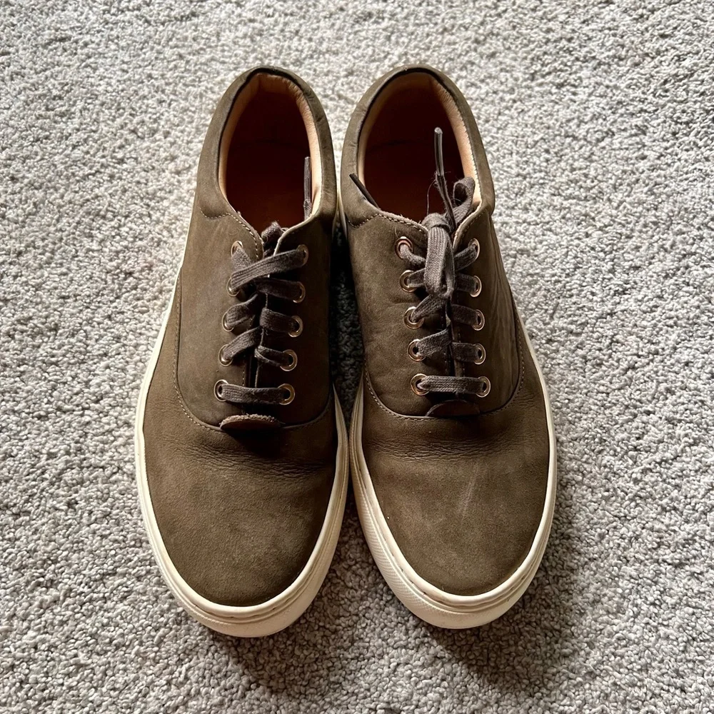 Nisolo Olive Green Suede Low-Top Sneakers with Cream Soles